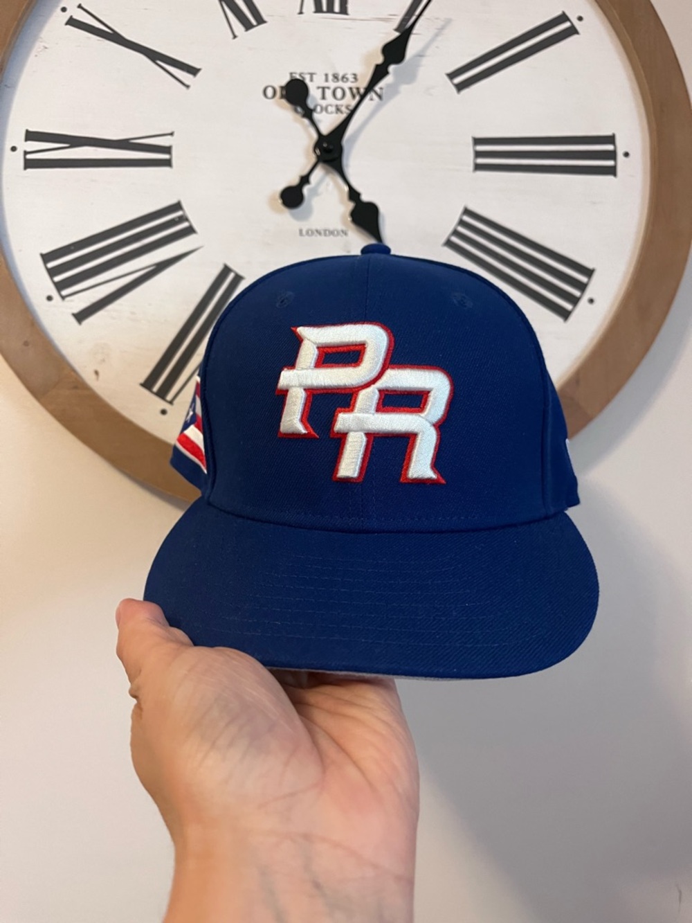 New Era Blue PR Embroidered Baseball Hat with Red & White Accents